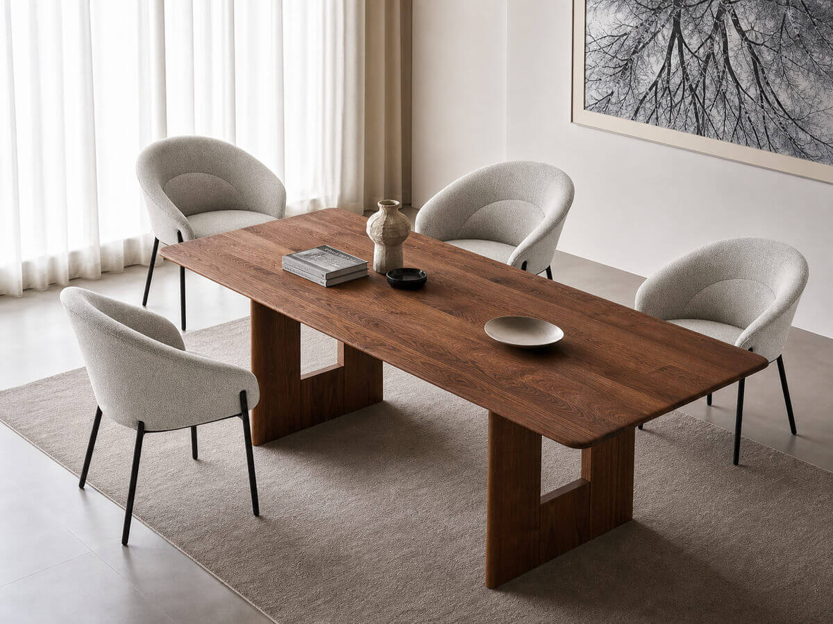 KEBE Petal armchairs paired with a walnut dining table