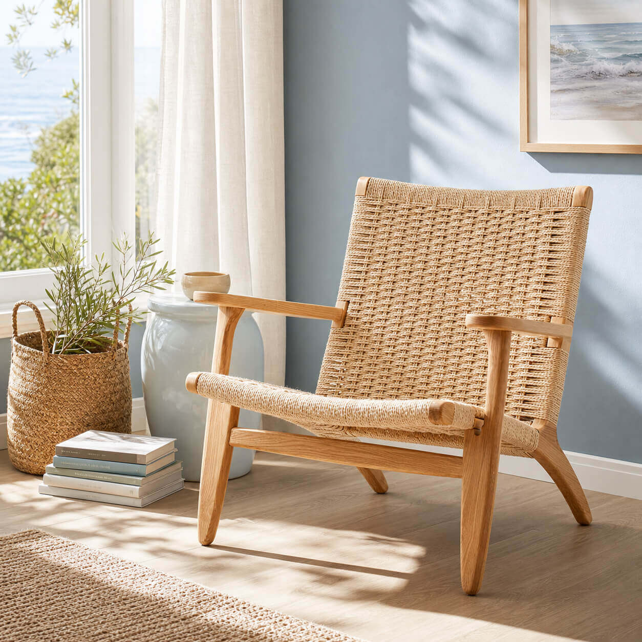 Kelaos armchair in a coastal-inspired reading corner with solid ash wood frame and handwoven rope seat