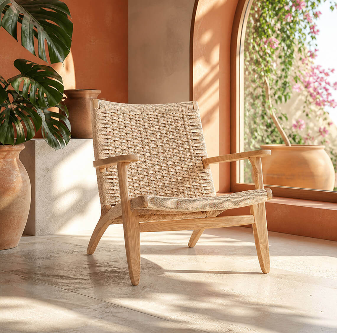 Kelaos armchair in a Mediterranean-inspired interior with woven rope detailing