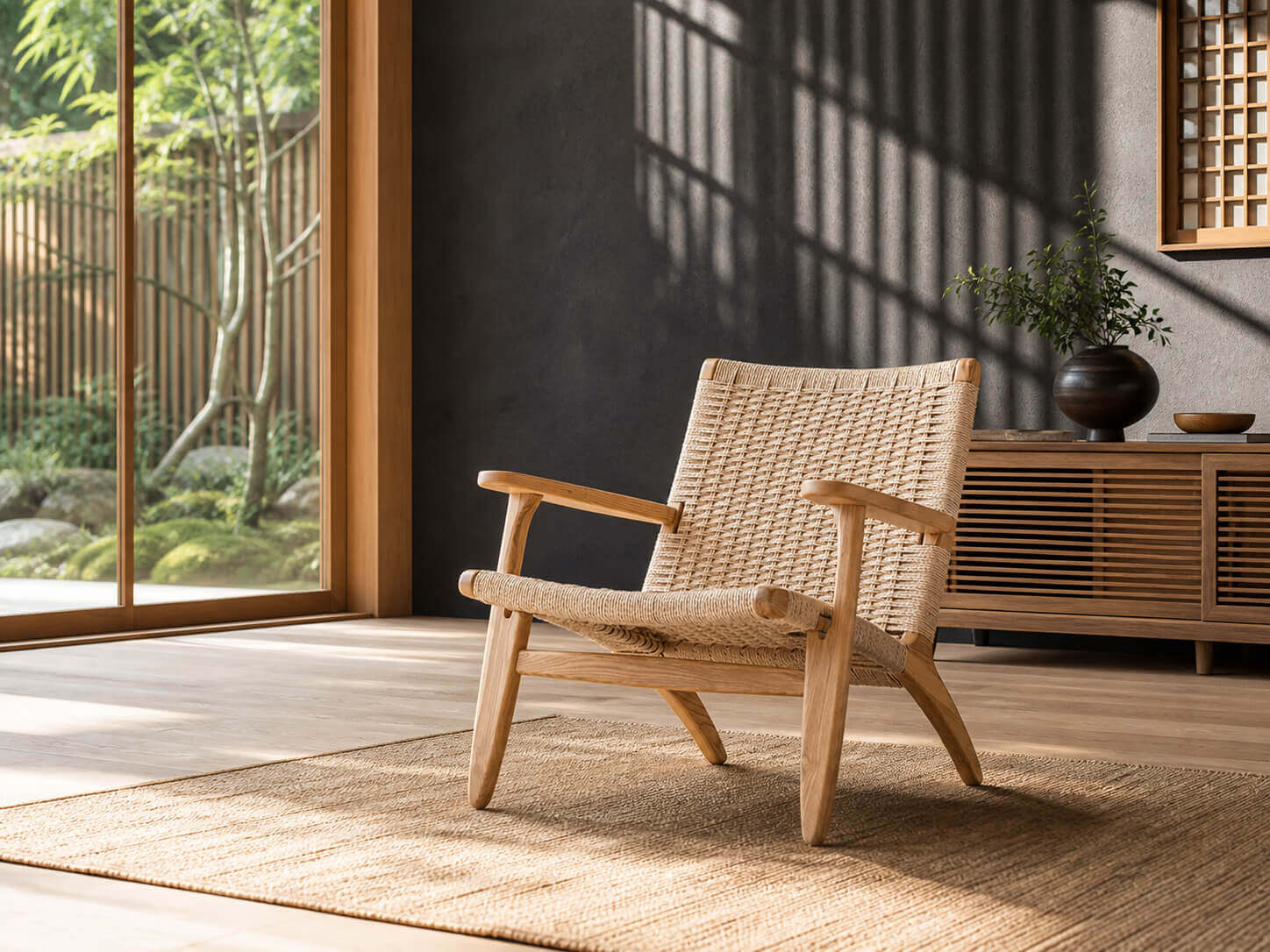 Kelaos armchair in a contemporary living room with solid ash wood frame