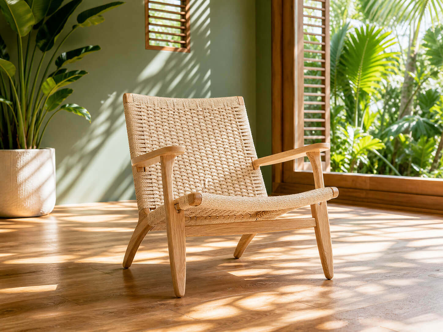 Kelaos armchair styled in a tropical-inspired living room with natural sunlight