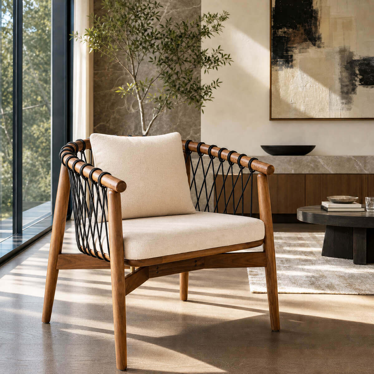 Kniss woven armchair featuring a solid ash frame and woven backrest