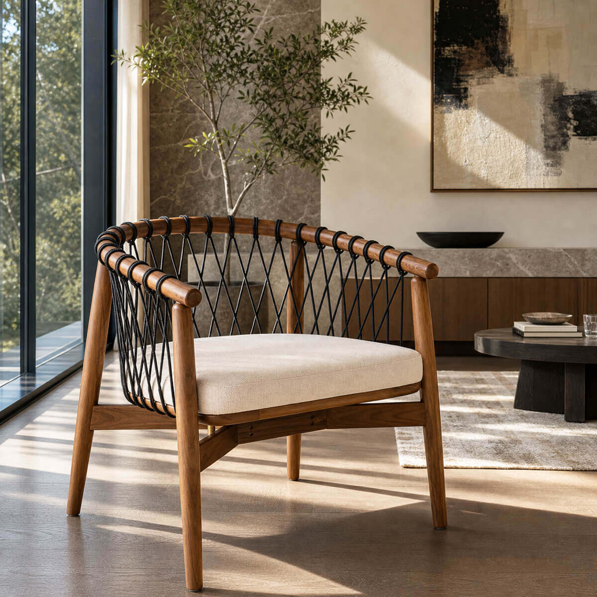 Kniss woven armchair with solid ash frame in a contemporary living room