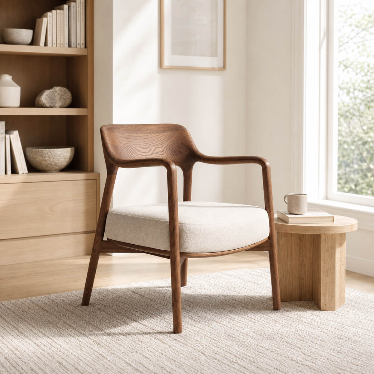 Kyra armchair with walnut finish timber frame in a contemporary living space