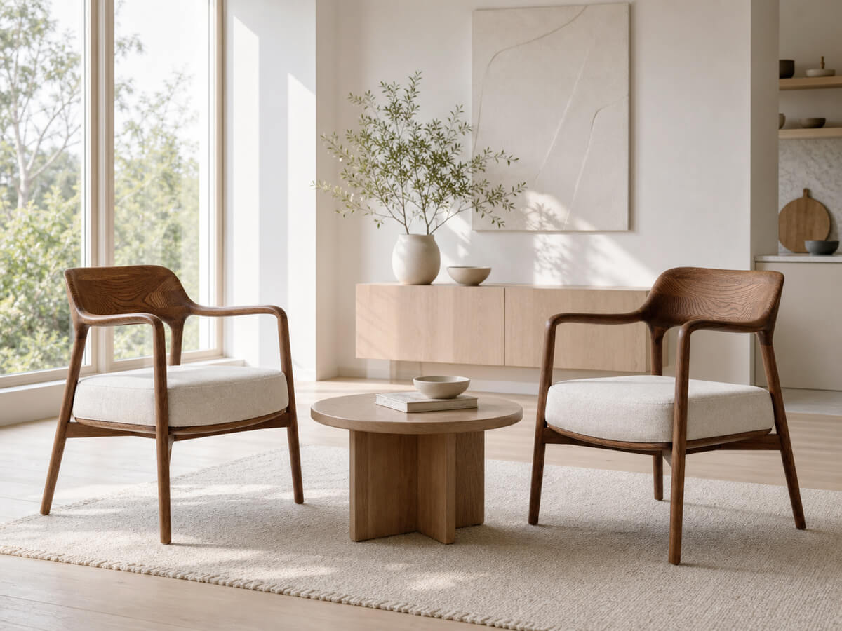 Pair of Kyra armchairs with solid timber frames in a contemporary living room