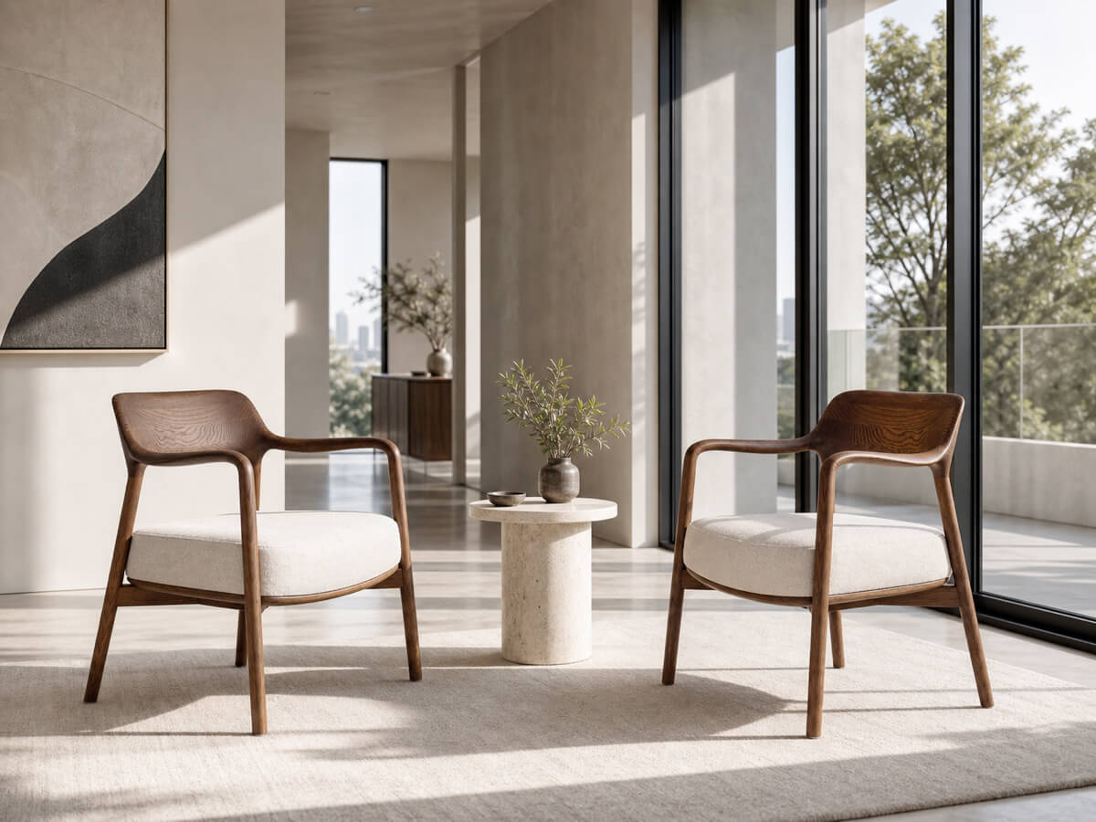 Pair of Kyra armchairs with solid timber frames in a contemporary living room
