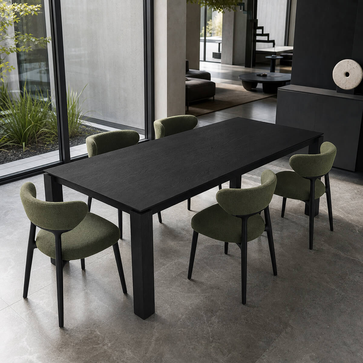 Lachlan oak dining table in black finish with upholstered dining chairs