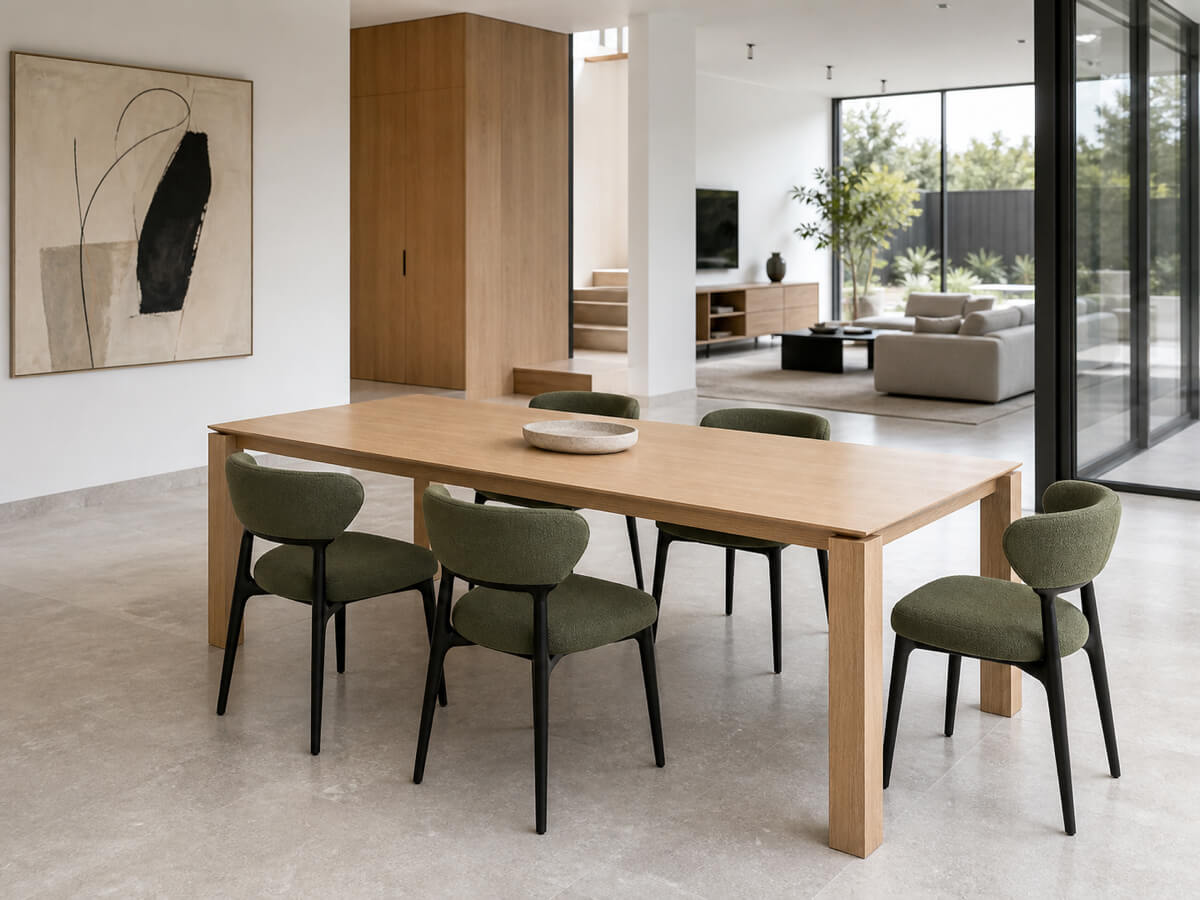 Lachlan oak dining table styled in a contemporary dining room