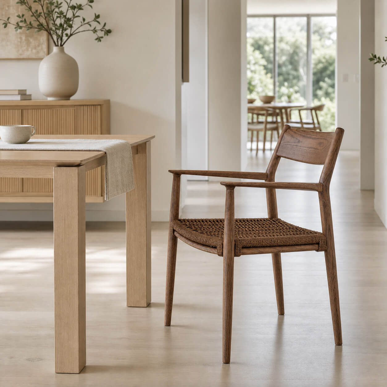 Lancer solid ash woven dining chair with handwoven paper cord seat