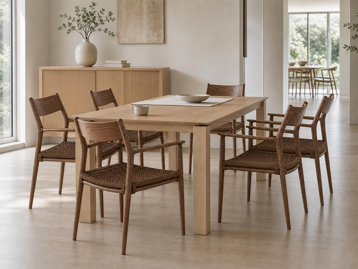 Lancer woven dining chairs paired with a solid timber dining table