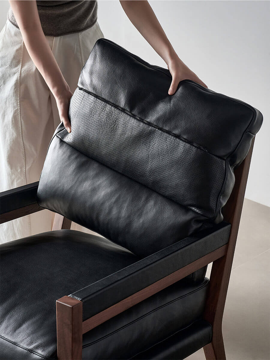 Goose down filled back cushion on Lars Solid Walnut Leather Armchair