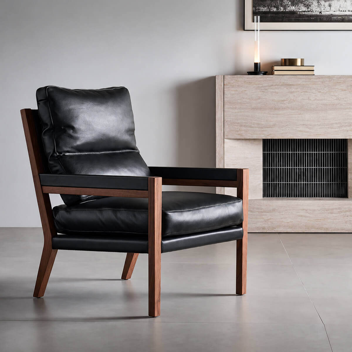 Lars Solid Walnut Leather Armchair in contemporary living room