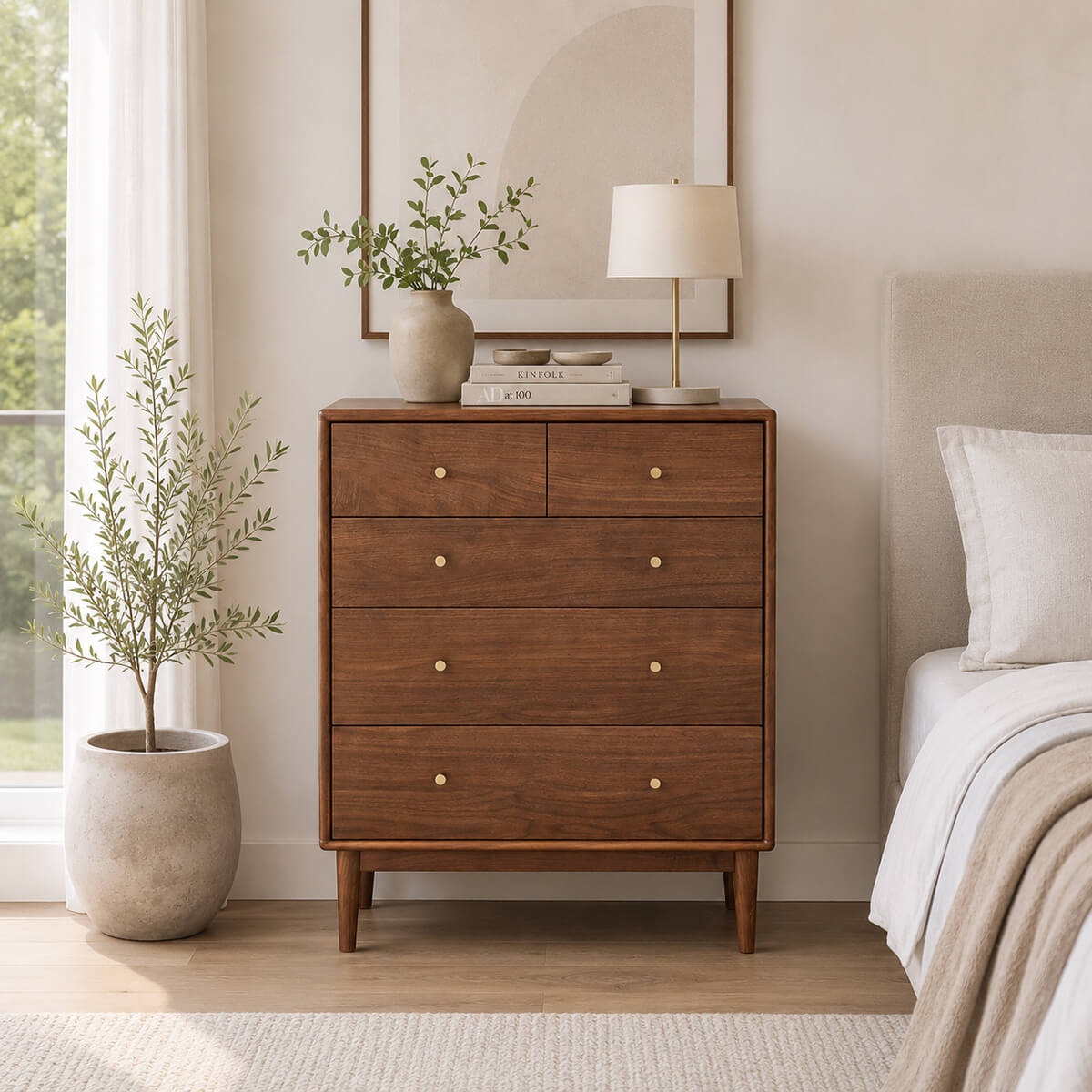 Linde Solid Walnut 5 Drawer Chest in a bright modern bedroom