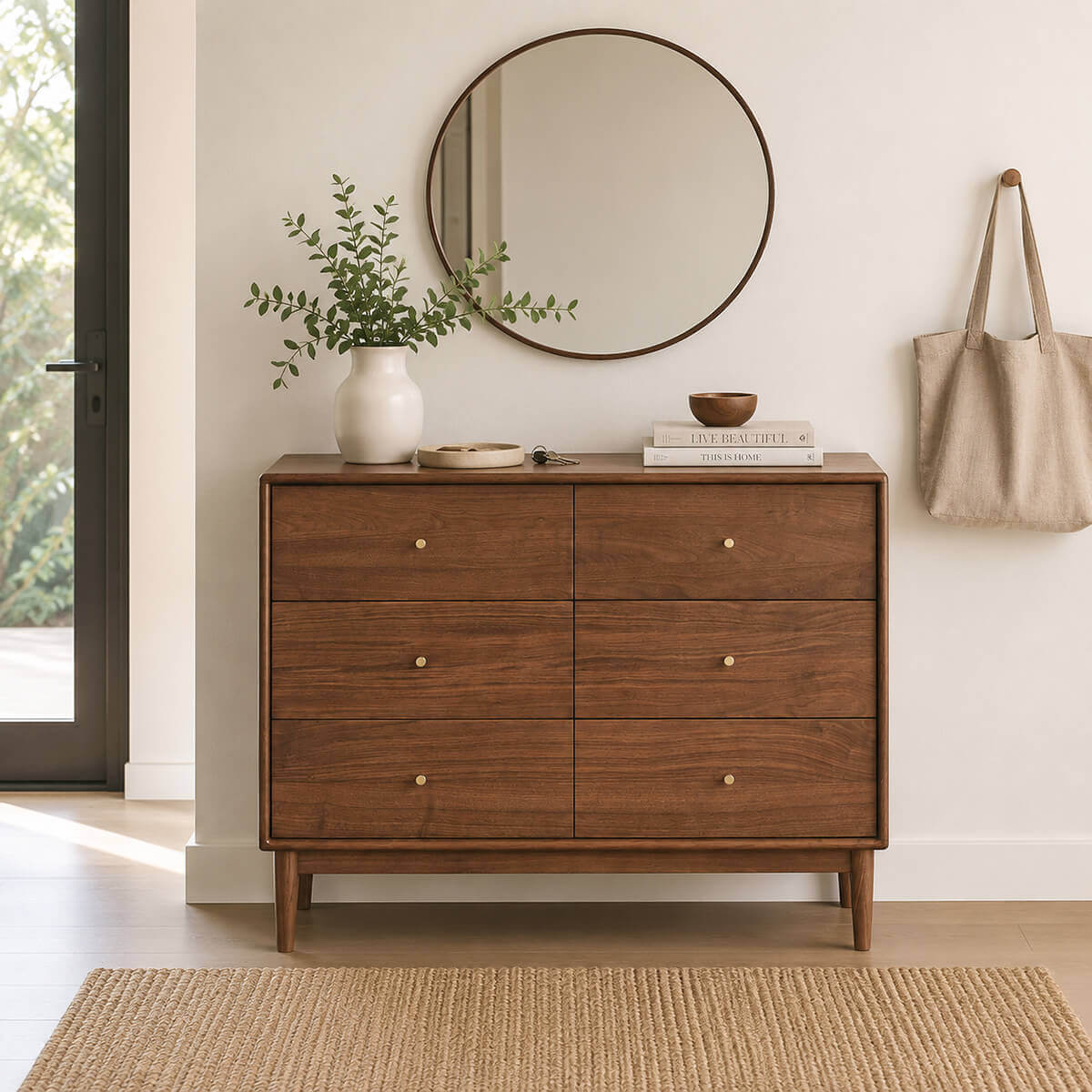 Linde Solid Walnut 6 Drawer Chest styled in a modern entryway