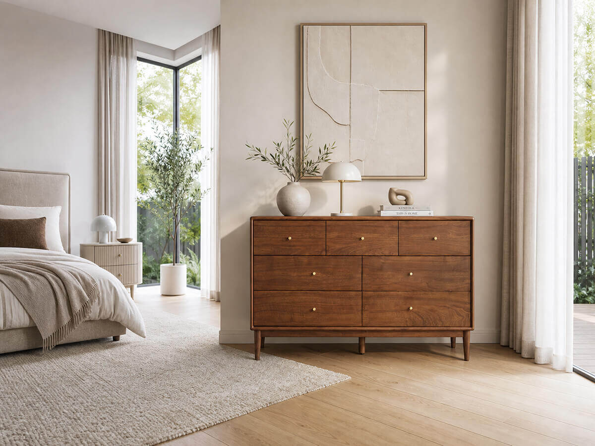 Linde Solid Walnut 7 Drawer Chest in a contemporary bedroom