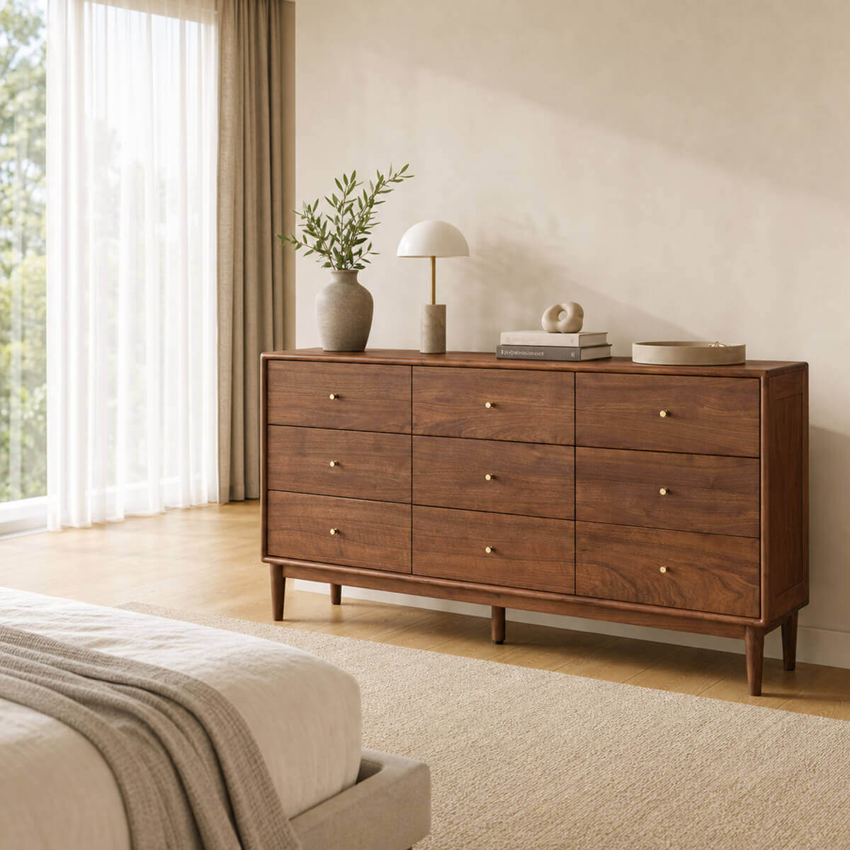 Linde Solid Walnut 9 Drawer Chest styled in a contemporary bedroom