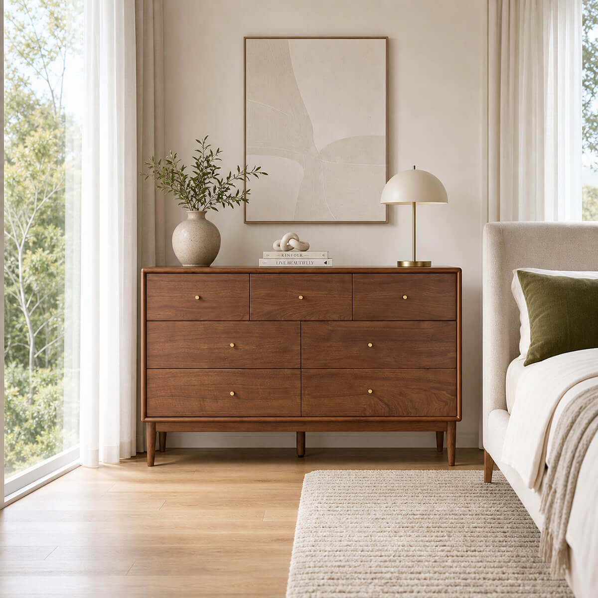 Linde Solid Walnut 9 Drawer Chest in a modern bedroom