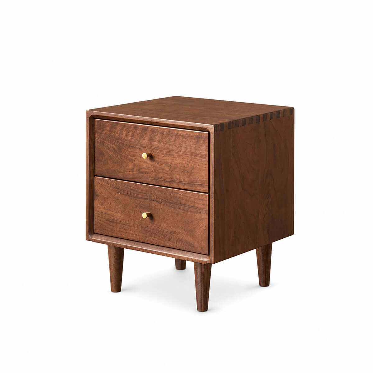 Linde solid walnut bedside table in three-quarter view