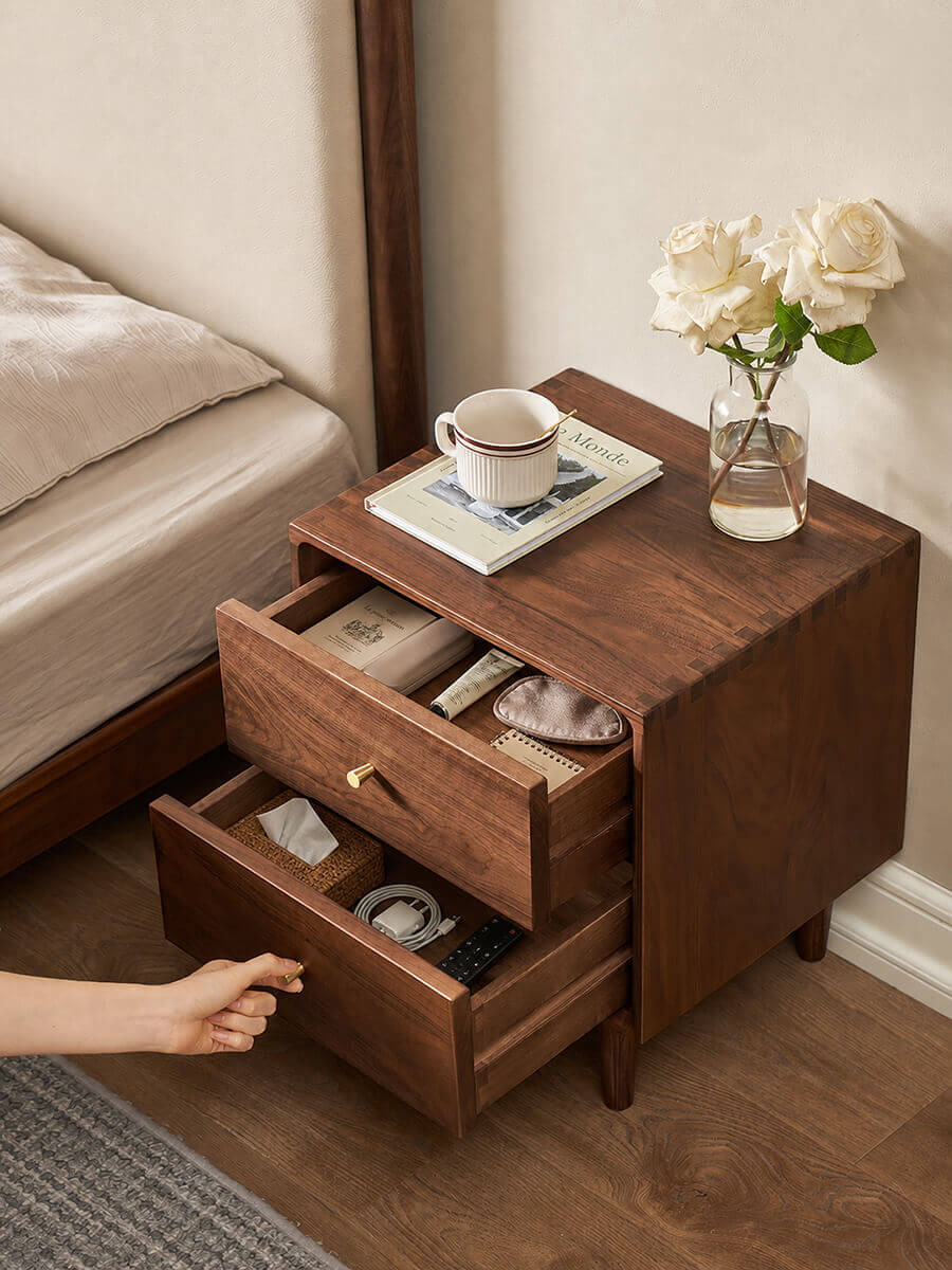 Drawer storage inside the Linde solid walnut bedside table