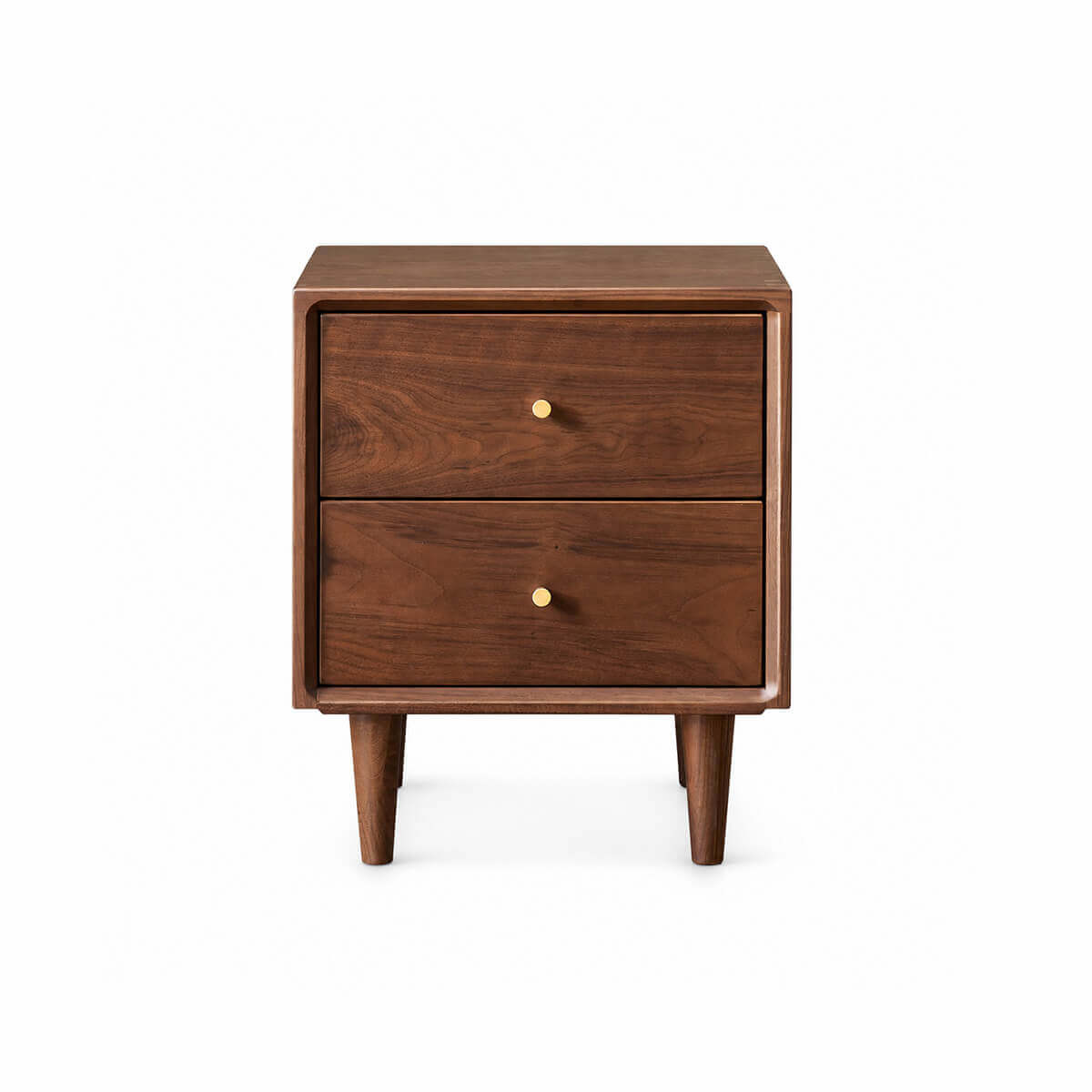 Front view of the Linde solid walnut bedside table