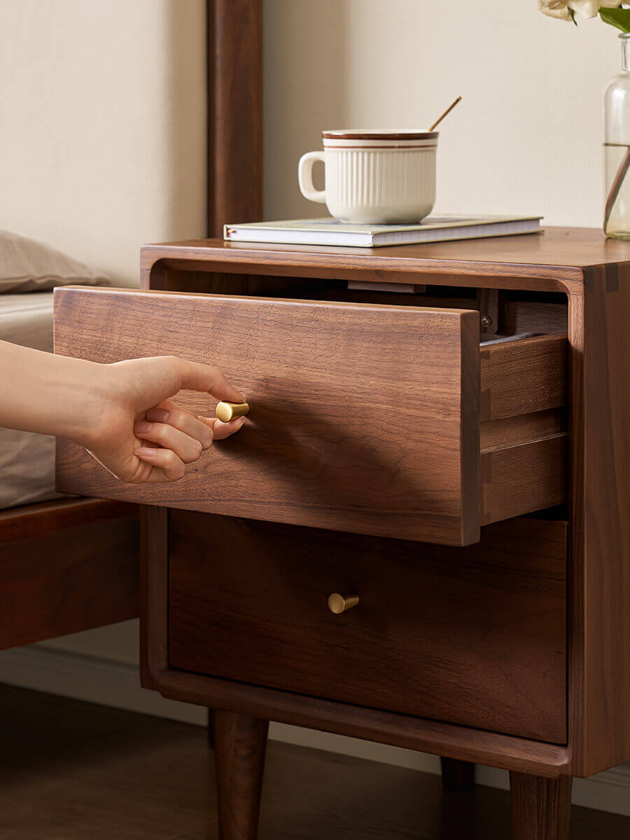 Smooth-opening drawer of the Linde solid walnut bedside table