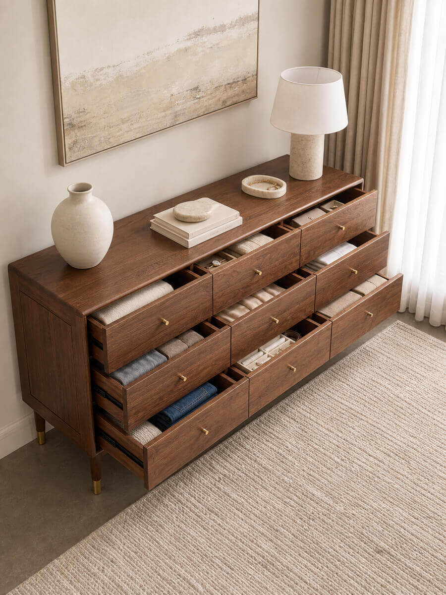 Linde Solid Walnut Chest with spacious drawers open