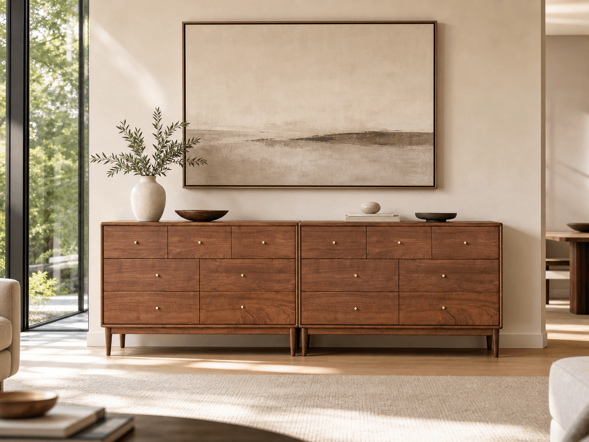Two Linde Solid Walnut 7 Drawer Chests styled together in a modern living room