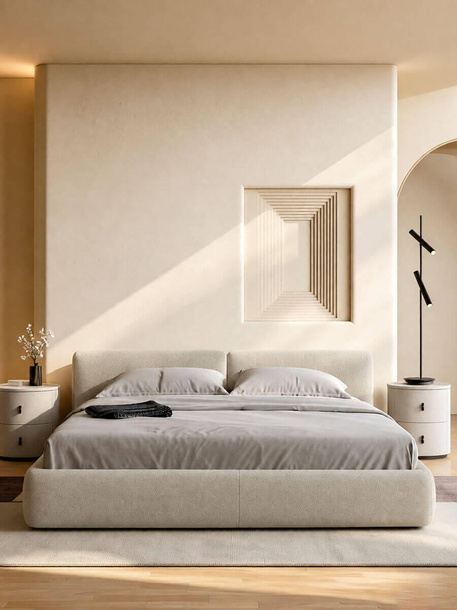 Front view of Lom upholstered bed frame