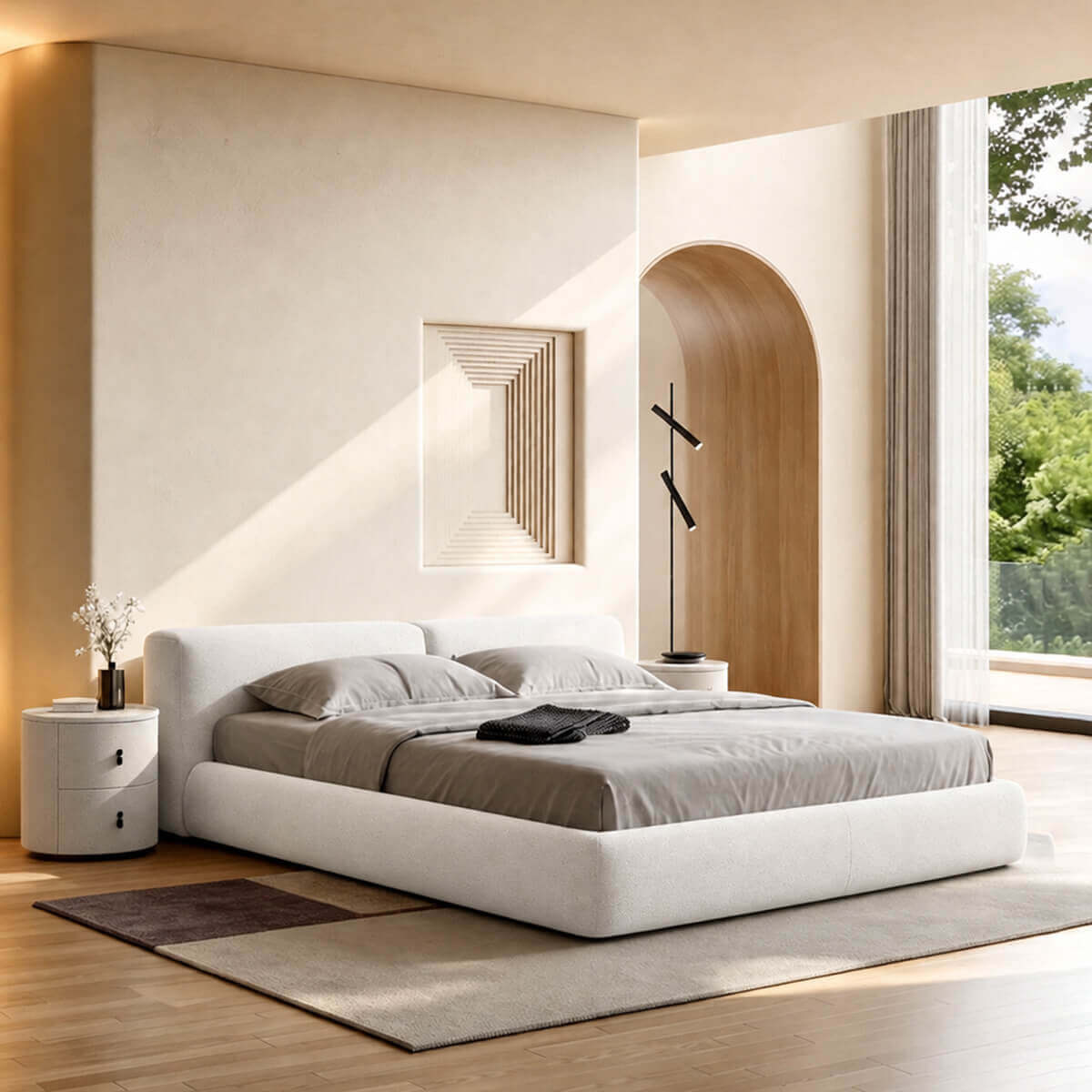 Lom fabric bed frame in MTED-4 bedroom setting