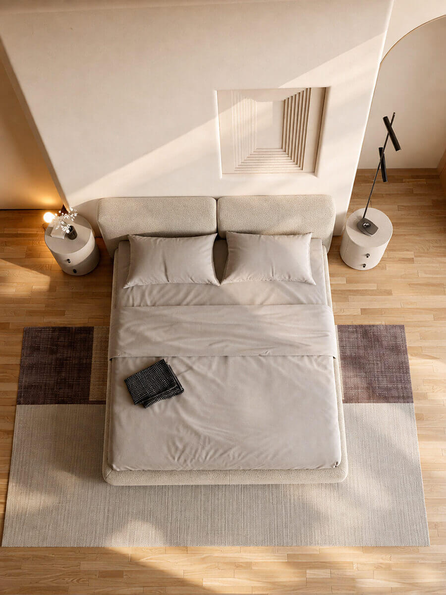 Top view of Lom upholstered bed frame with split headboard