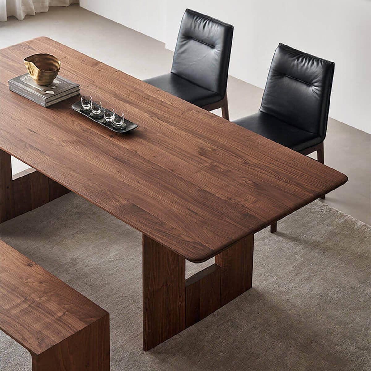 Loren Leather Dining Chairs paired with the Hudson Solid Walnut Dining Table