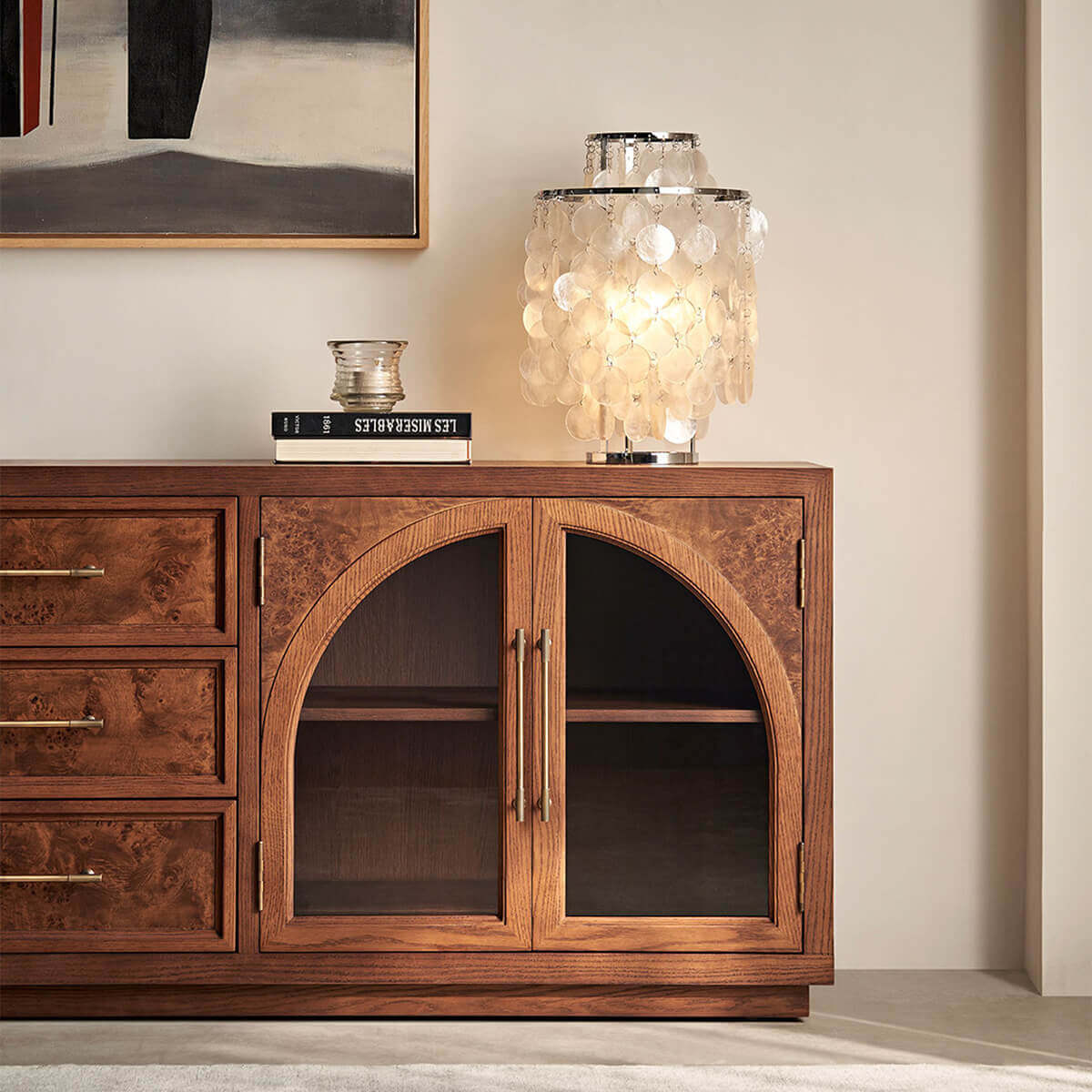 Louvre Arched Glass TV Unit detail showing arched glass doors and framed wood fronts