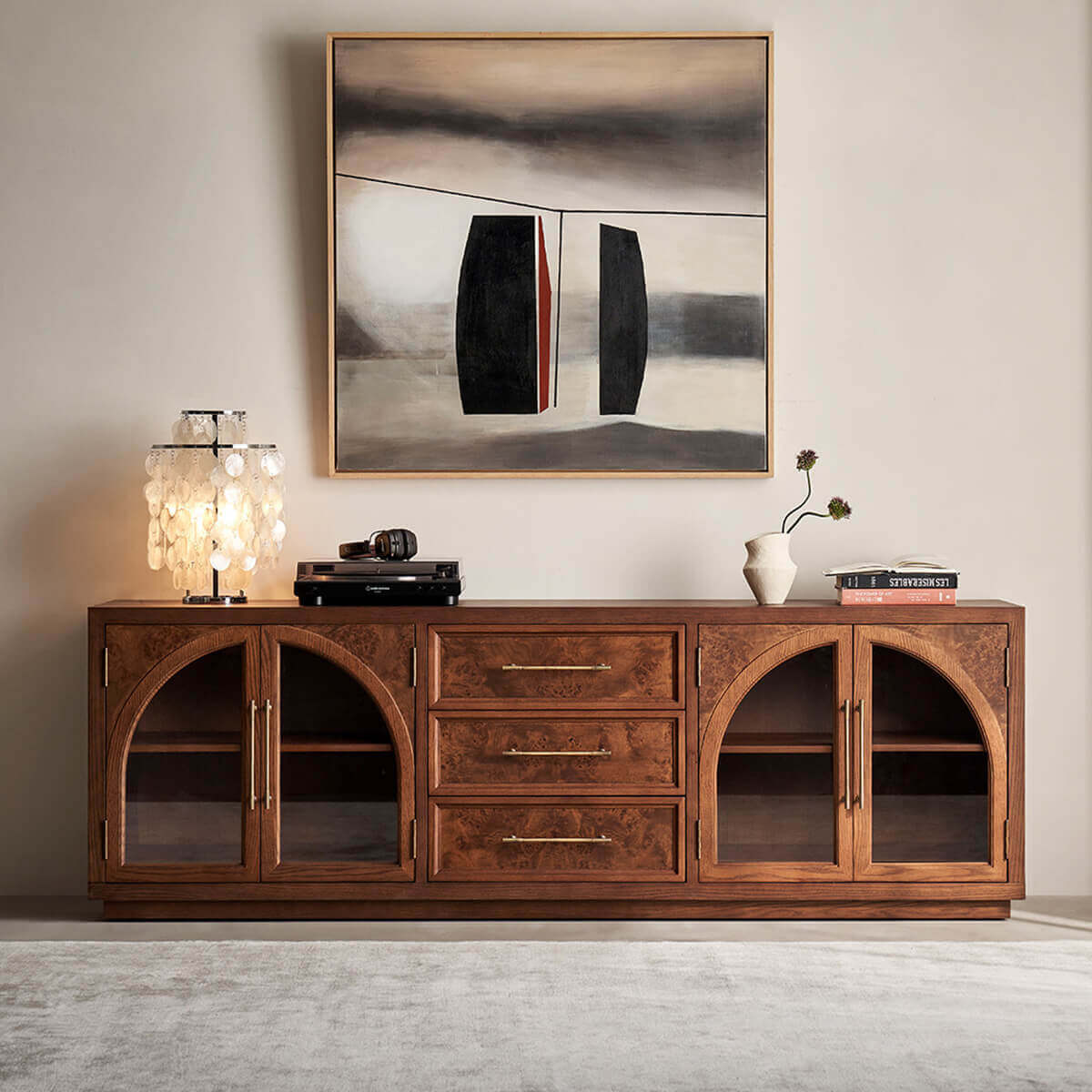 Louvre Arched Glass TV Unit with arched glass doors and three drawers