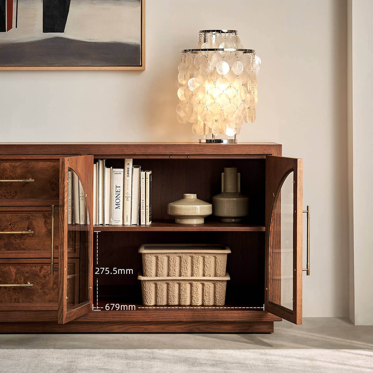 Louvre Arched Glass TV Unit interior storage with adjustable shelving