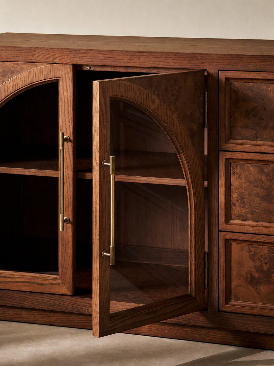 Louvre Arched Glass TV Unit detail with an arched glass door open