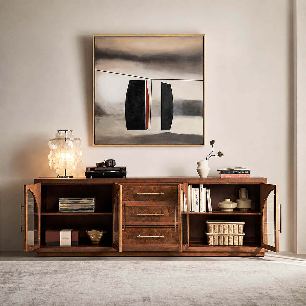 Louvre Arched Glass TV Unit with doors open showing interior storage