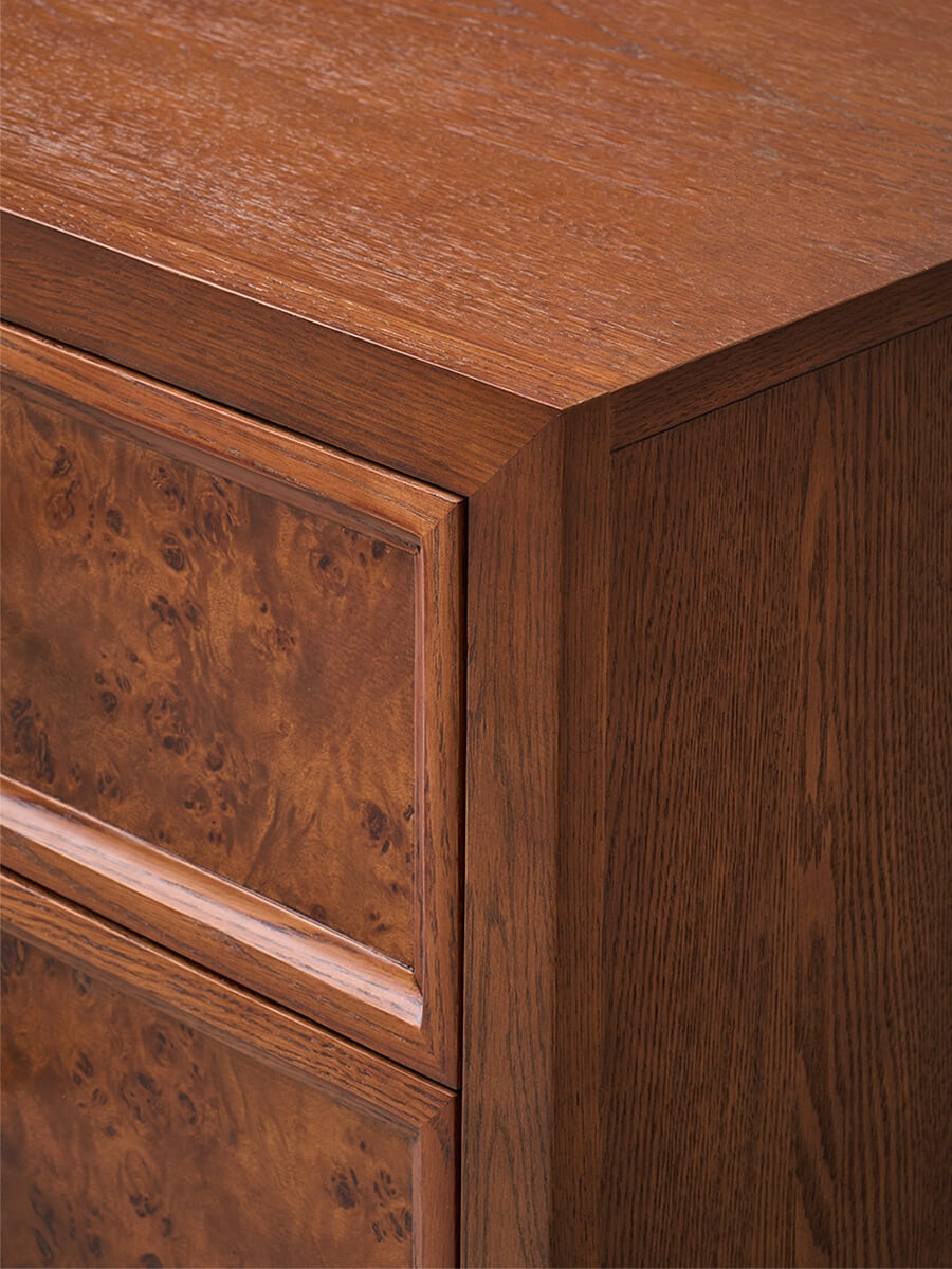 Solid oak frame detail on Louvre burl wood chest of drawers