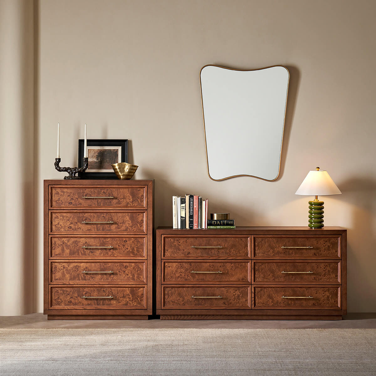 Louvre burl wood five- and six-drawer chests of drawers in a bedroom