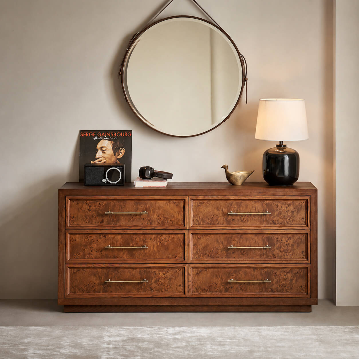 Louvre burl wood chest of drawers with six drawers