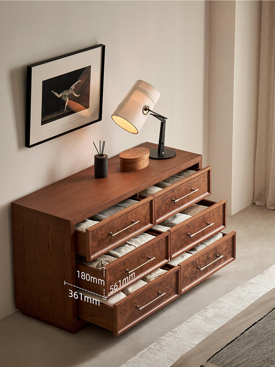Louvre burl wood chest of drawers with drawers open
