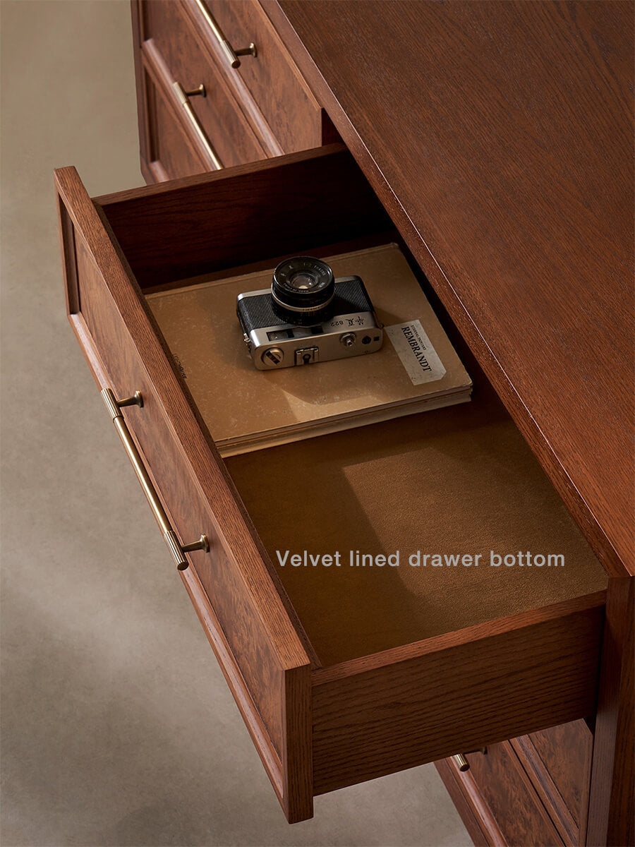 Velvet-lined drawer inside Louvre burl wood chest of drawers