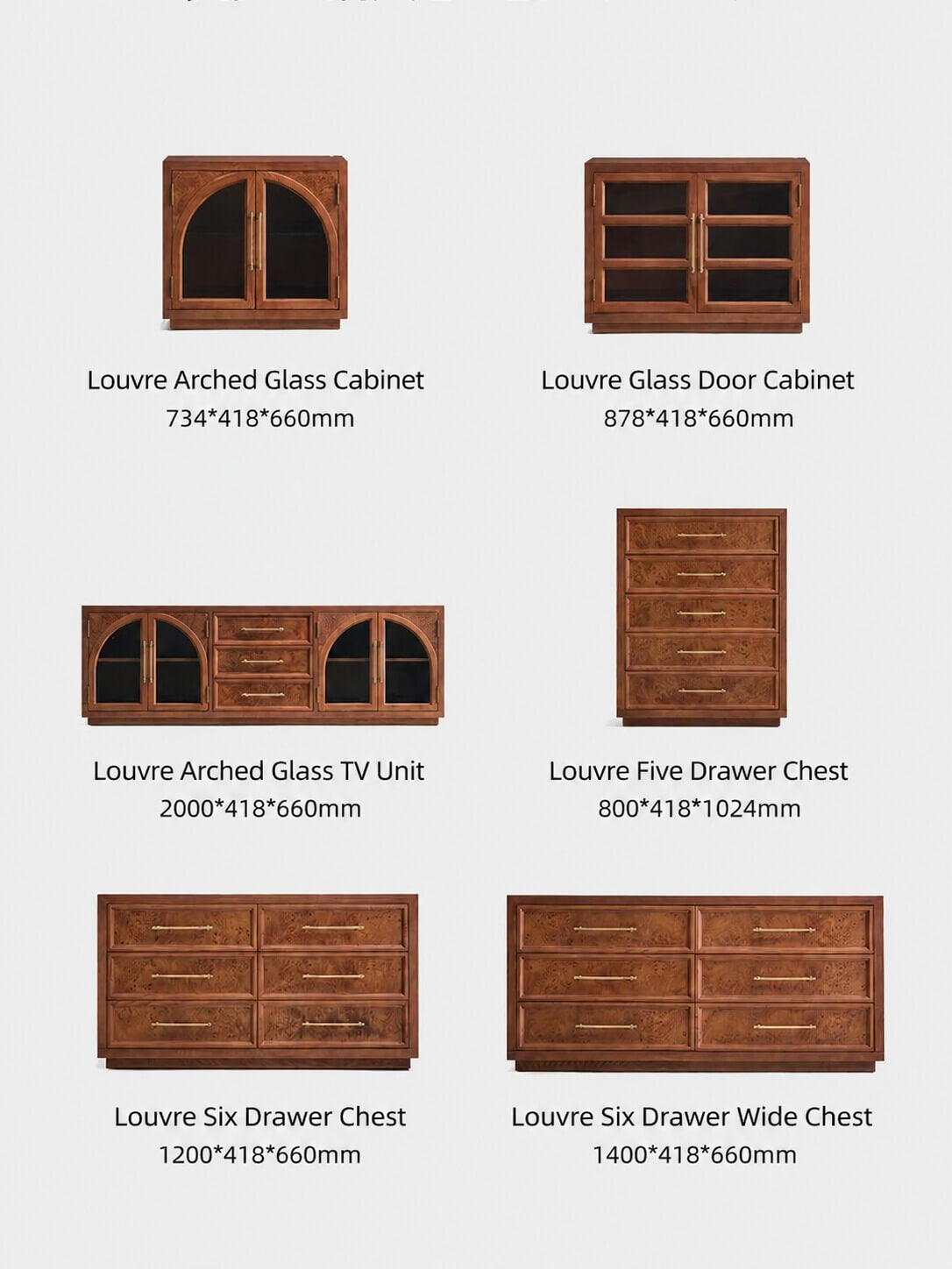 Louvre furniture collection with matching glass cabinets, TV unit and chests