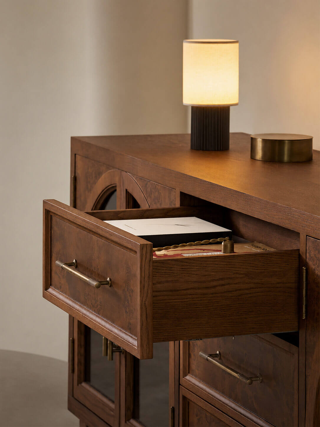 Louvre Arched Glass TV Unit with drawer open showing storage space