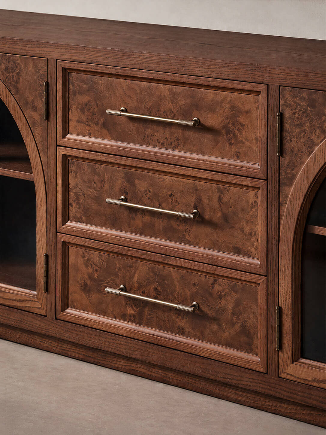 Louvre Arched Glass TV Unit with three framed drawers and metal handles
