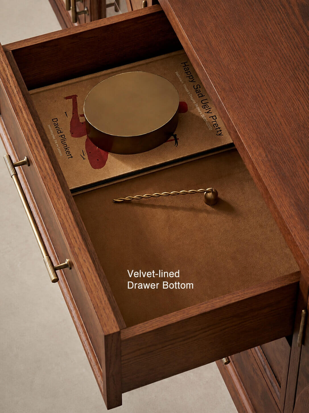 Louvre Arched Glass TV Unit drawer with velvet-lined bottom