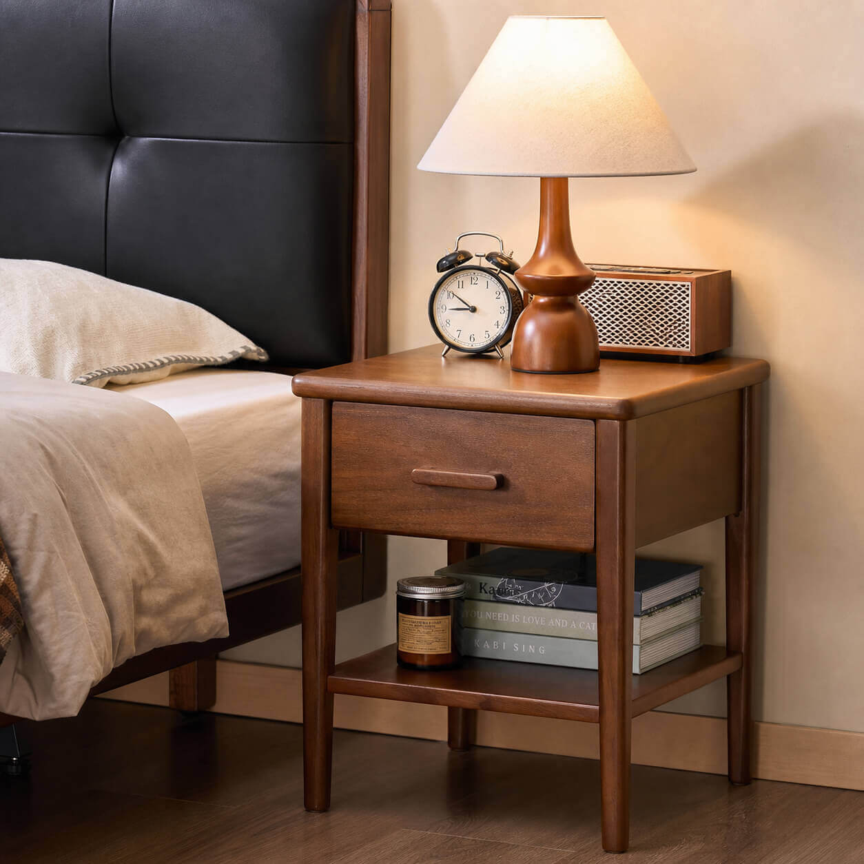 Luca Solid Walnut Bedside Table in a modern bedroom
