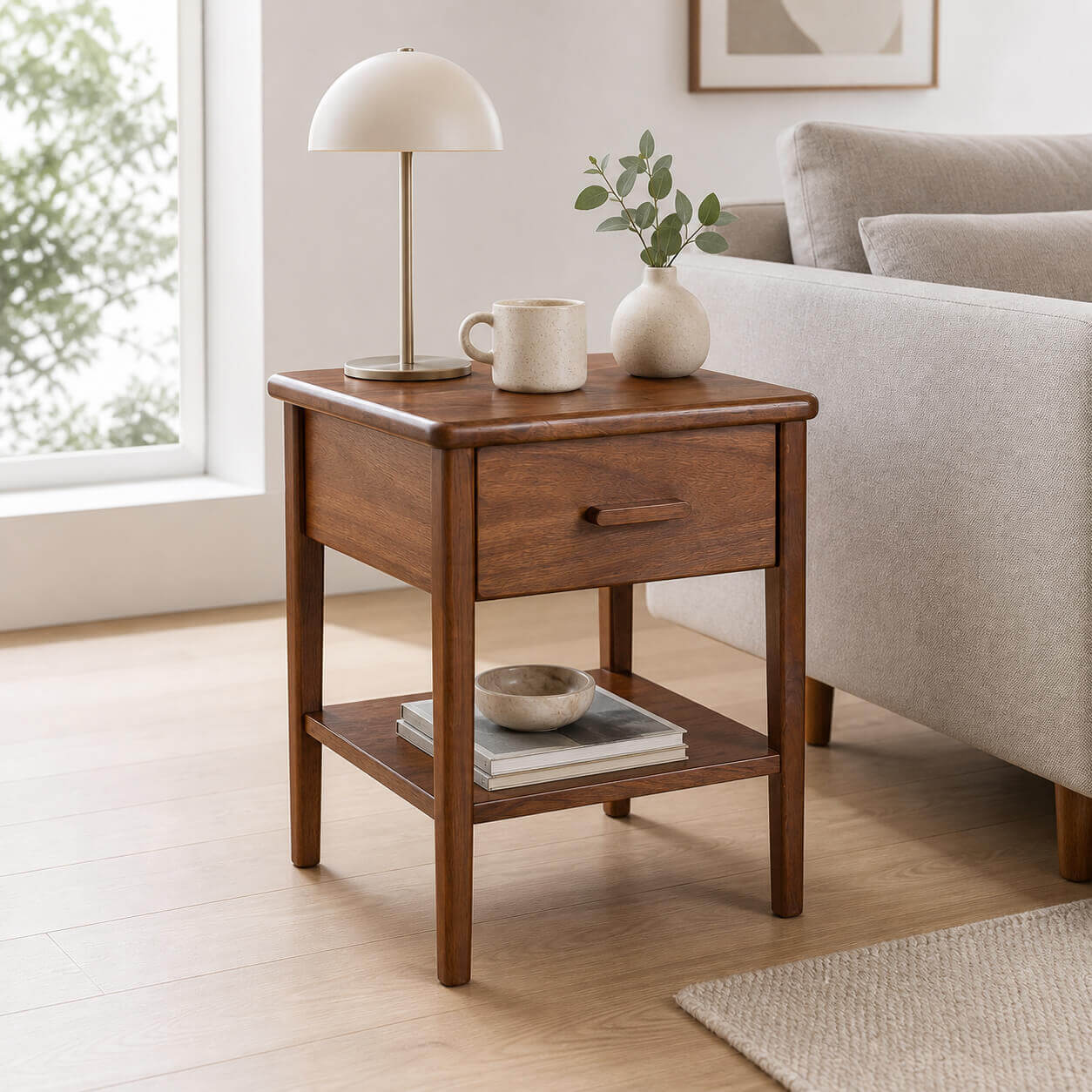 Luca Solid Walnut Bedside Table used as a side table in a living room