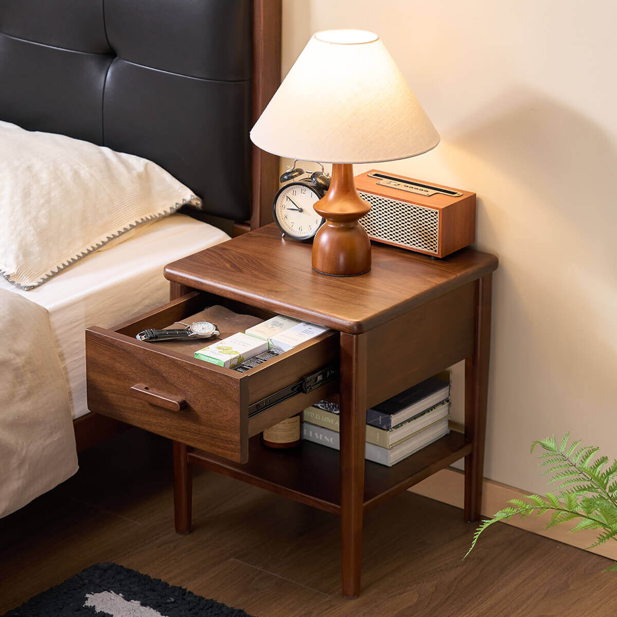 Luca Solid Walnut Bedside Table with spacious drawers