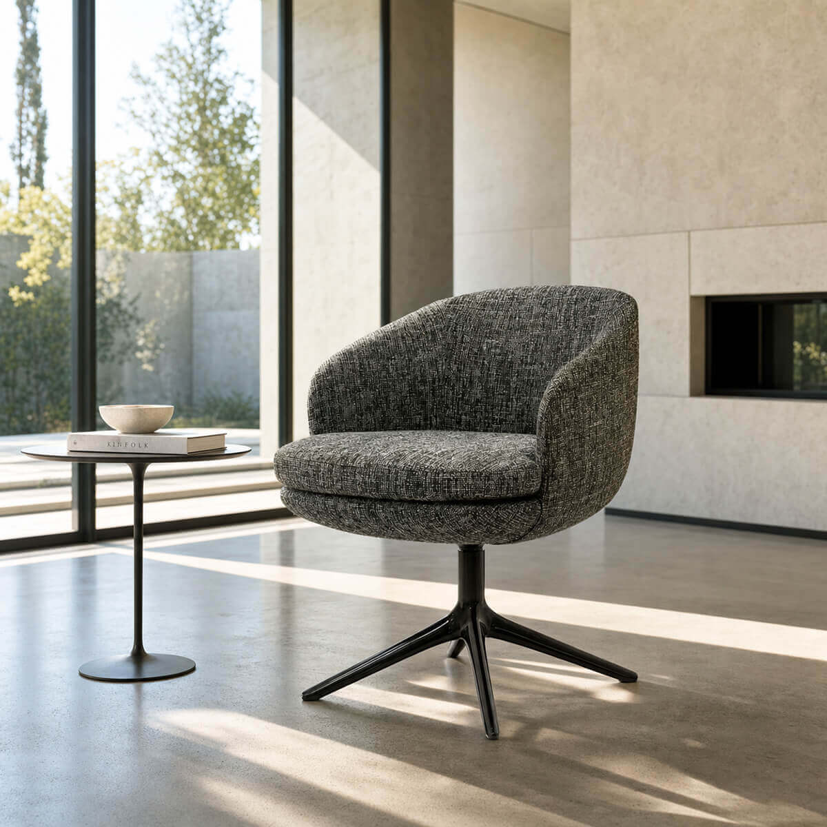 Luno swivel dining chair in grey textured fabric upholstery