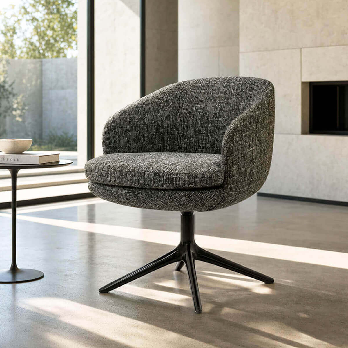 Luno swivel dining chair in grey textured fabric upholstery